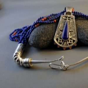 Navajo Lapis, Coral and Silver Necklace by Abraham Begay