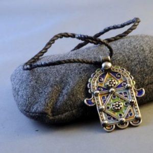 Moroccan Silver and Enamel Khamsa Necklace