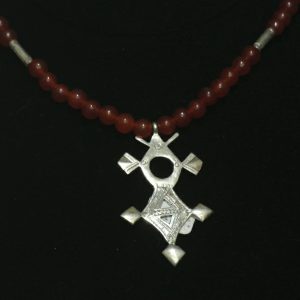 Nigerian Silver Carnelian Touareg Cross Necklace